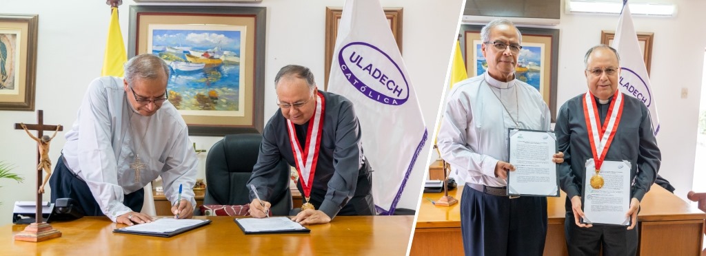 Rector de la ULADECH Católica Pbro. Dr. Juan Roger Rodríguez Ruíz y el Obispo de Chimbote Monseñor Ángel Ernesto Zapata Bances suscribieron el convenio marco con la Diócesis de Chimbote