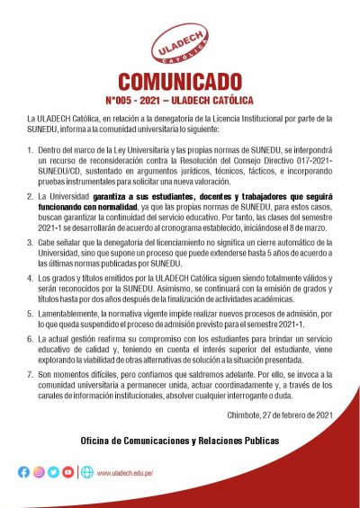 Comunicado 005 -2021 Información